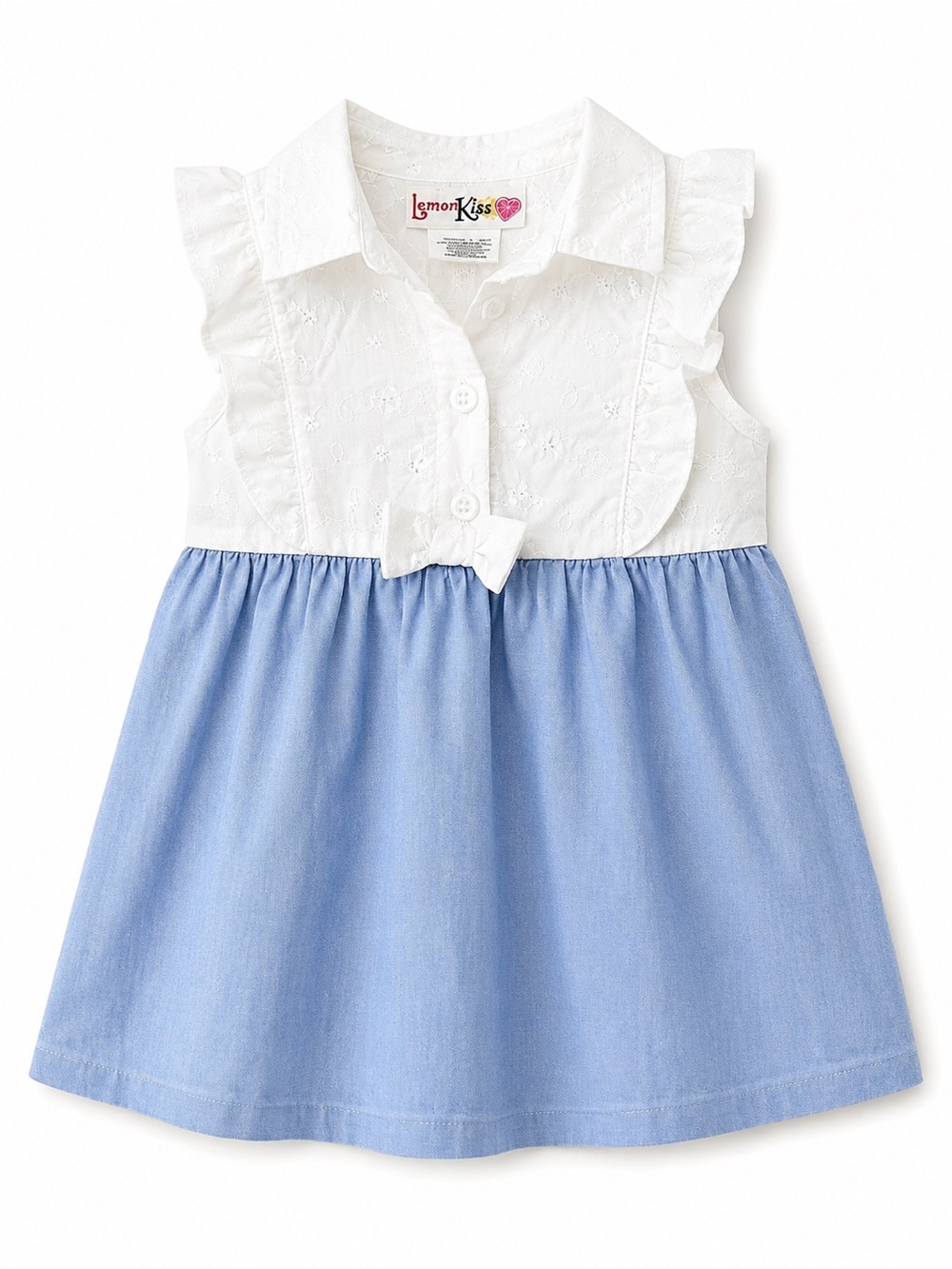 Lemon Kiss Baby Girls Dress 12 Months Blue White Eyelet Bow Sleeveless Cotton